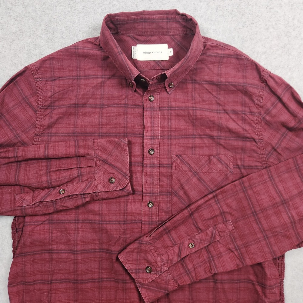 Wings + Horns Shirt Mens Medium Gray Windowpane Plaid‎ Flannel Button Up Canada